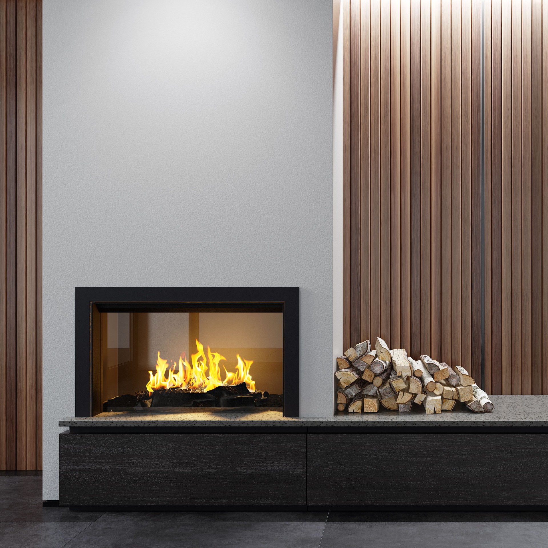 Modern minimalist apartment interior living room with fireplace